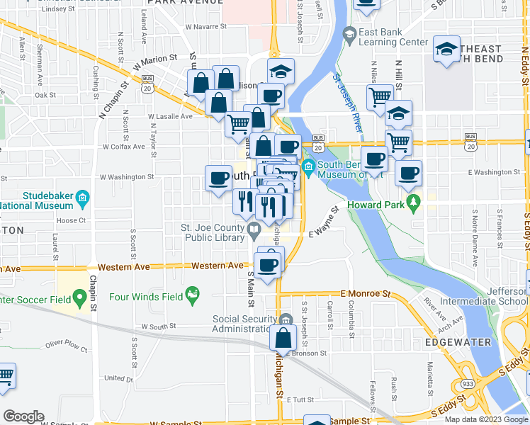 map of restaurants, bars, coffee shops, grocery stores, and more near 112 West Jefferson Boulevard in South Bend