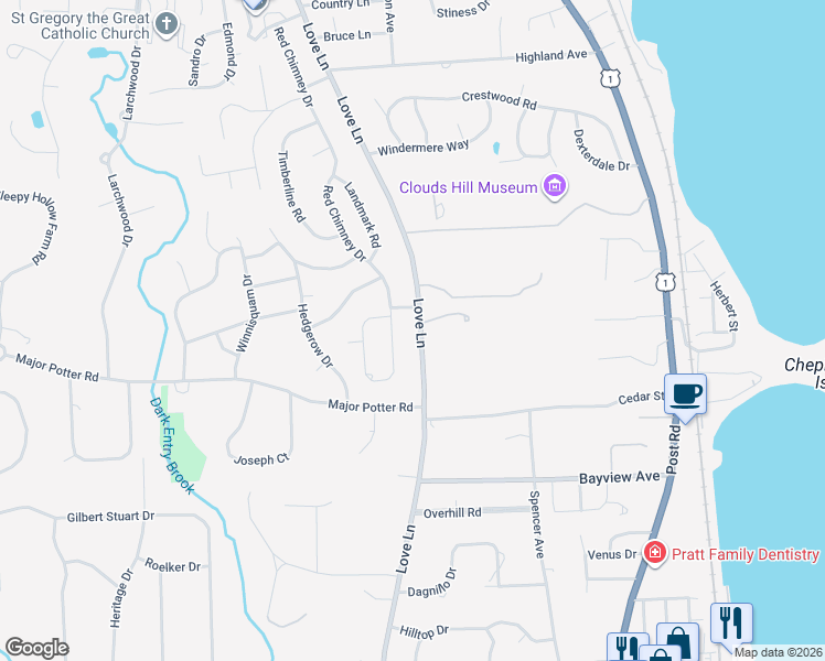 map of restaurants, bars, coffee shops, grocery stores, and more near 425 Love Lane in Warwick