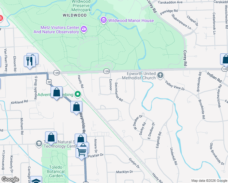 map of restaurants, bars, coffee shops, grocery stores, and more near 2937 Secretariat Road in Toledo