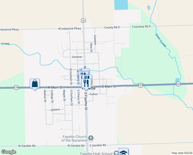 map of restaurants, bars, coffee shops, grocery stores, and more near 203 East Spring Street in Fayette