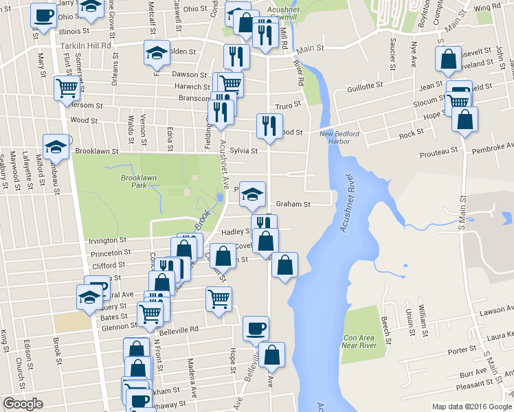 map of restaurants, bars, coffee shops, grocery stores, and more near 32 Kearsarge Street in New Bedford