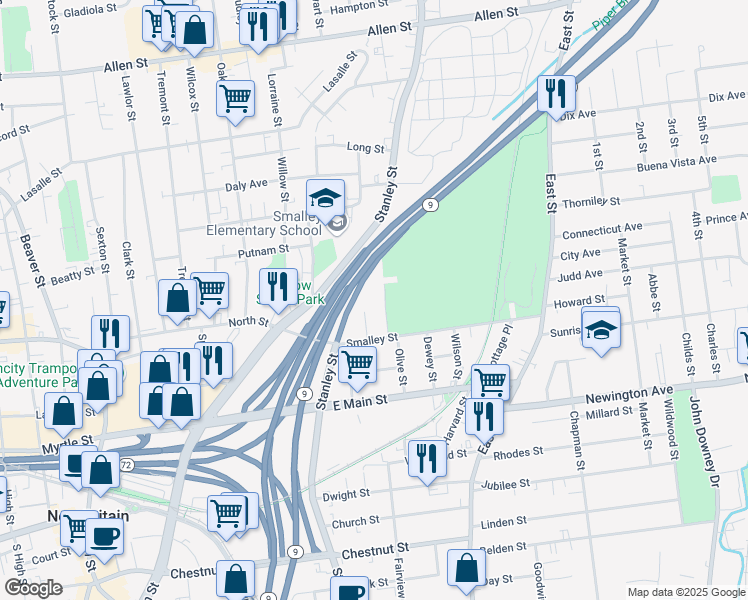 map of restaurants, bars, coffee shops, grocery stores, and more near 40 Gladden Street in New Britain
