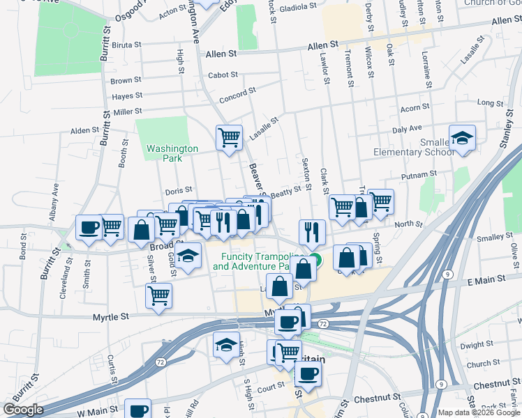 map of restaurants, bars, coffee shops, grocery stores, and more near 237 Washington Street in New Britain