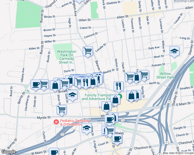 map of restaurants, bars, coffee shops, grocery stores, and more near 237 Washington Street in New Britain