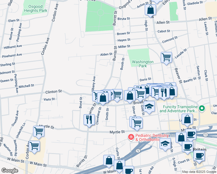 map of restaurants, bars, coffee shops, grocery stores, and more near 355 Burritt Street in New Britain