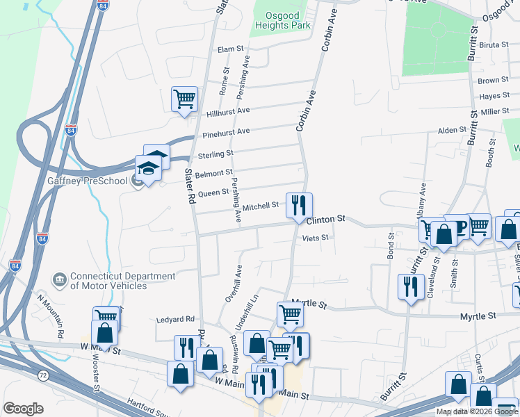 map of restaurants, bars, coffee shops, grocery stores, and more near 76 Mitchell Street in New Britain