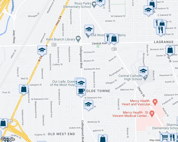 map of restaurants, bars, coffee shops, grocery stores, and more near 438 Evergreen Court in Toledo