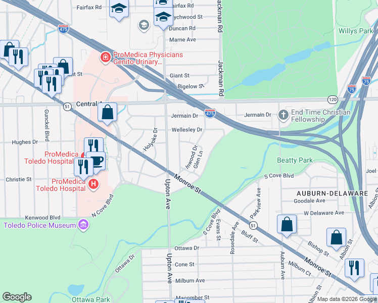 map of restaurants, bars, coffee shops, grocery stores, and more near 2750 Sagamore Road in Toledo