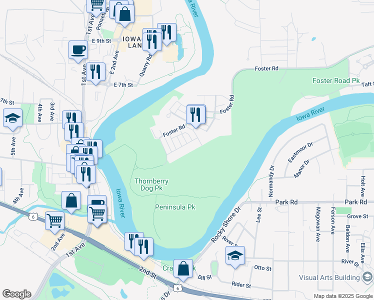 map of restaurants, bars, coffee shops, grocery stores, and more near 1513 McCleary Lane in Iowa City