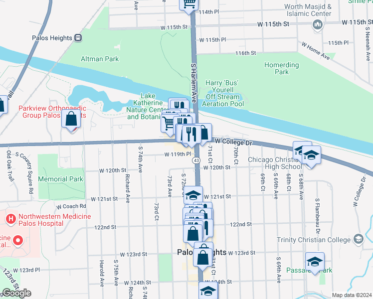 map of restaurants, bars, coffee shops, grocery stores, and more near 7225 West College Drive in Palos Heights