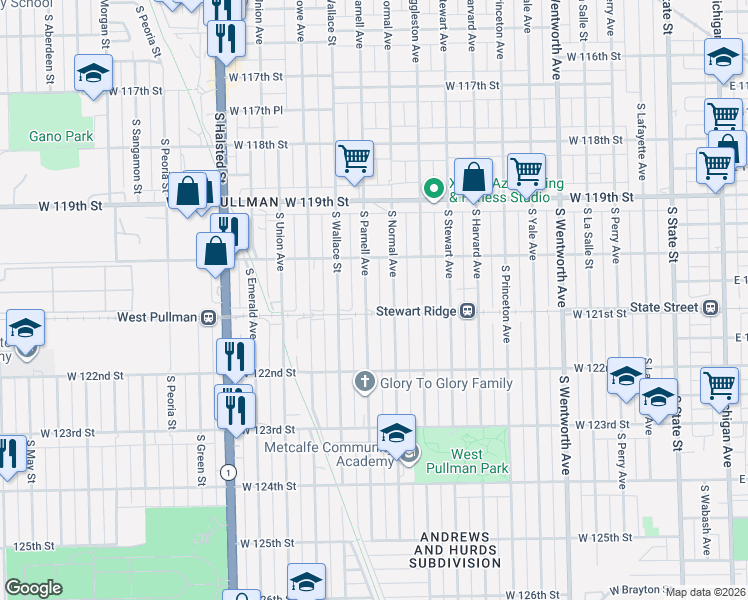 map of restaurants, bars, coffee shops, grocery stores, and more near 12050 South Parnell Avenue in Chicago