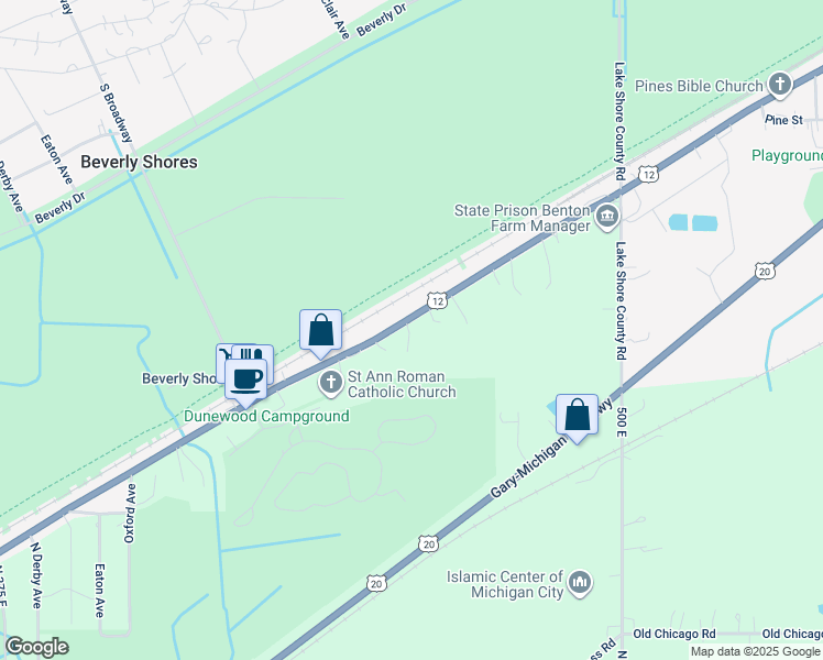 map of restaurants, bars, coffee shops, grocery stores, and more near in Beverly Shores