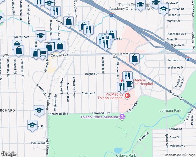 map of restaurants, bars, coffee shops, grocery stores, and more near 2822 Algonquin Parkway in Toledo