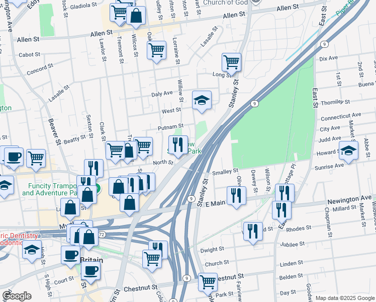 map of restaurants, bars, coffee shops, grocery stores, and more near in New Britain