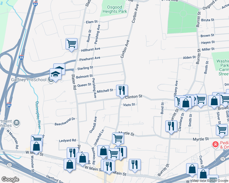 map of restaurants, bars, coffee shops, grocery stores, and more near 32 Mitchell Street in New Britain