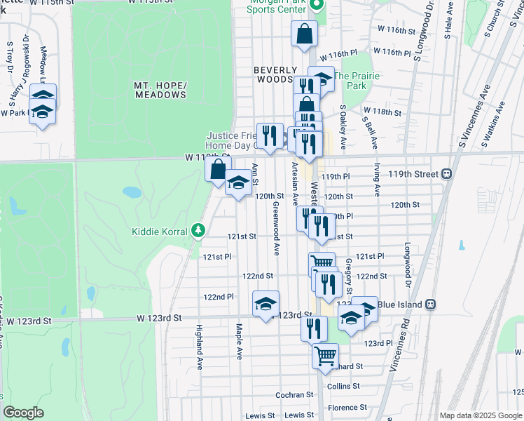 map of restaurants, bars, coffee shops, grocery stores, and more near 12027 Ann Street in Blue Island