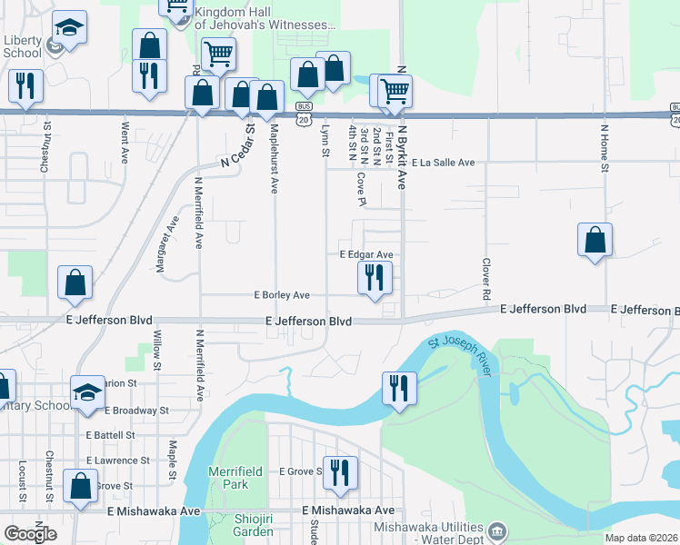 map of restaurants, bars, coffee shops, grocery stores, and more near 1610 Lynn Street in Mishawaka