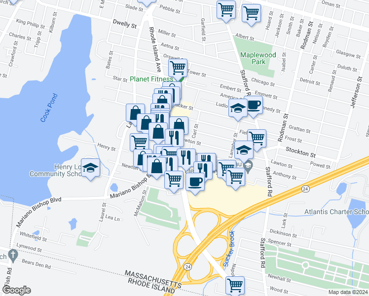 map of restaurants, bars, coffee shops, grocery stores, and more near 12 Anthony Street in Fall River