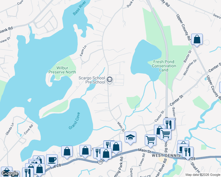map of restaurants, bars, coffee shops, grocery stores, and more near 206 Main Street in Dennis