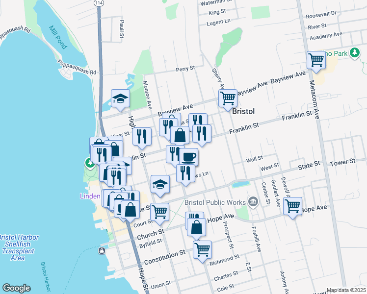 map of restaurants, bars, coffee shops, grocery stores, and more near 172 Franklin Street in Bristol