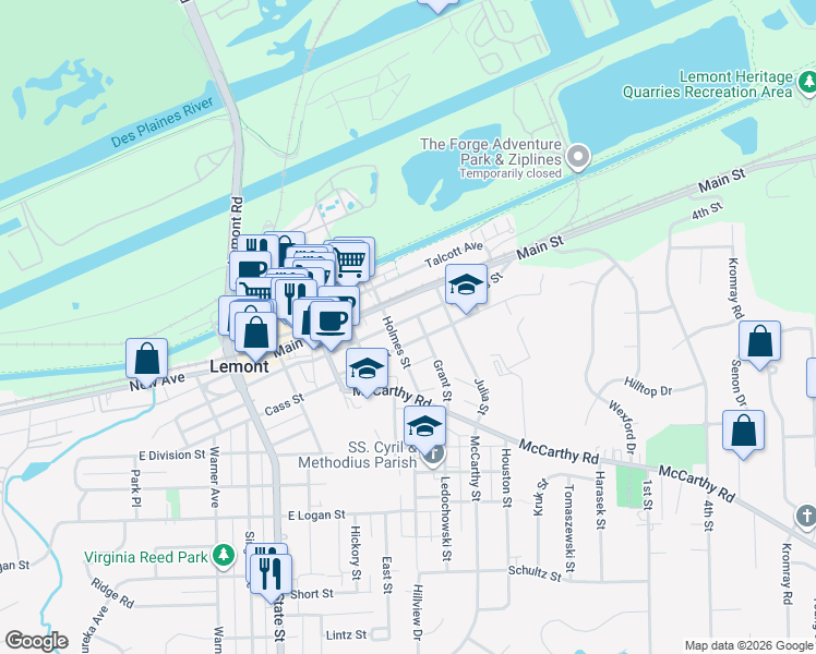 map of restaurants, bars, coffee shops, grocery stores, and more near 609 Porter Street in Lemont