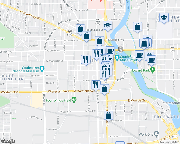 map of restaurants, bars, coffee shops, grocery stores, and more near 224 West Jefferson Boulevard in South Bend