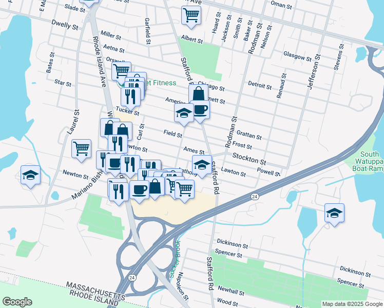 map of restaurants, bars, coffee shops, grocery stores, and more near 344 Lawton Street in Fall River