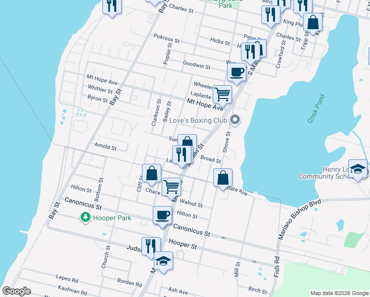 map of restaurants, bars, coffee shops, grocery stores, and more near 2573 South Main Street in Fall River