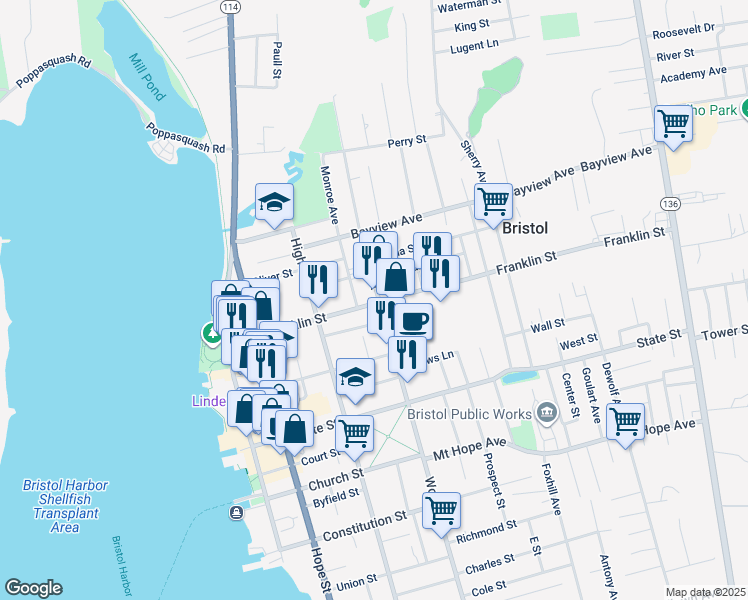 map of restaurants, bars, coffee shops, grocery stores, and more near 529 Wood Street in Bristol
