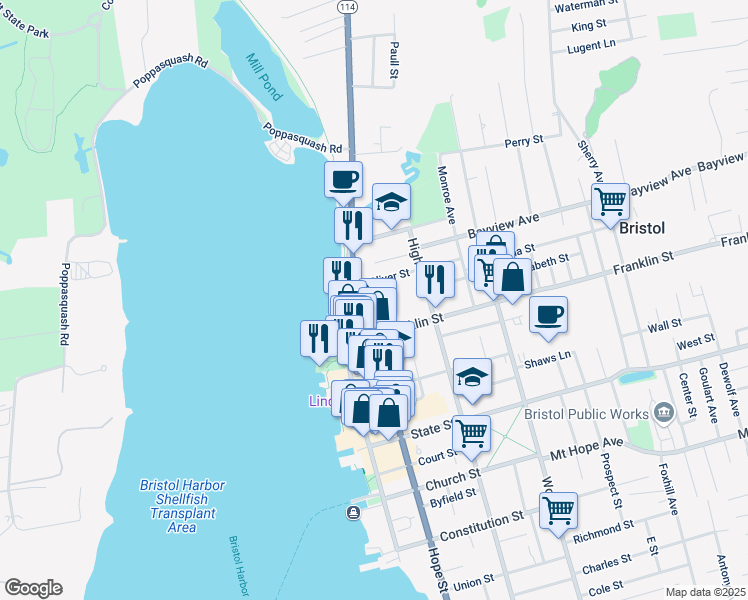 map of restaurants, bars, coffee shops, grocery stores, and more near 37 Franklin Street in Bristol
