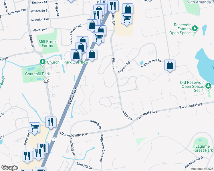map of restaurants, bars, coffee shops, grocery stores, and more near 316 Griswold Hills Drive in Newington
