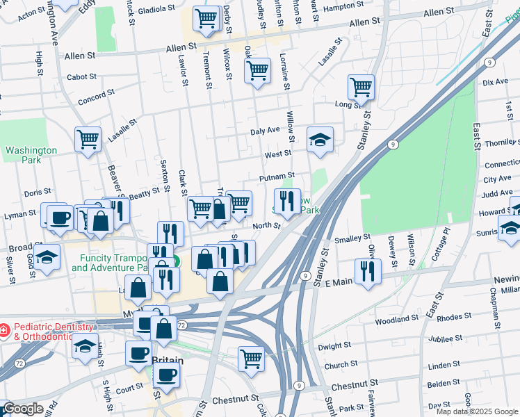 map of restaurants, bars, coffee shops, grocery stores, and more near 22 Oak Street in New Britain