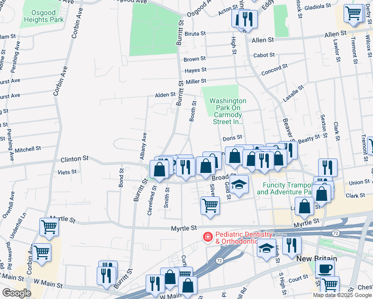 map of restaurants, bars, coffee shops, grocery stores, and more near 165 Smith Street in New Britain