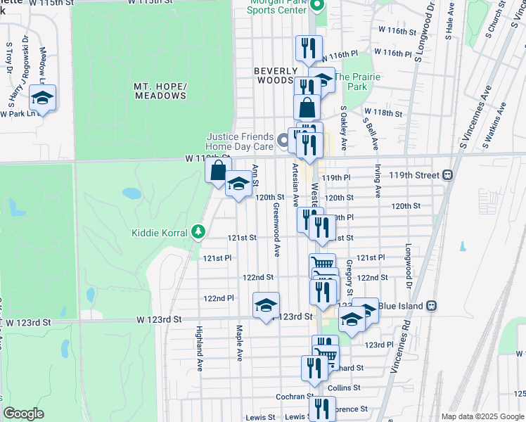 map of restaurants, bars, coffee shops, grocery stores, and more near 12027 Ann Street in Blue Island