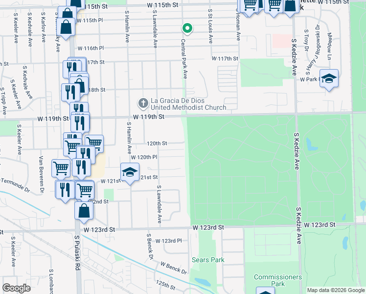 map of restaurants, bars, coffee shops, grocery stores, and more near 3600 West 120th Place in Alsip