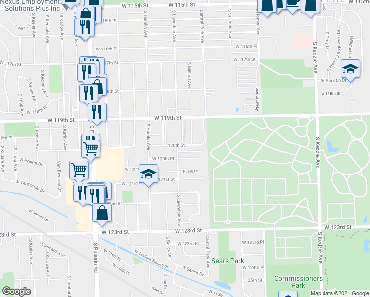 map of restaurants, bars, coffee shops, grocery stores, and more near 3618 West 120th Place in Alsip