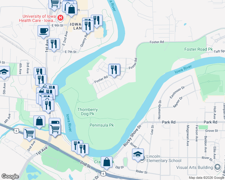 map of restaurants, bars, coffee shops, grocery stores, and more near 1513 McCleary Lane in Iowa City