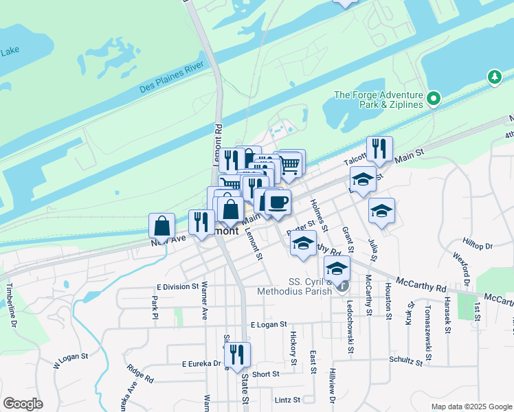 map of restaurants, bars, coffee shops, grocery stores, and more near 320 Canal Street in Lemont