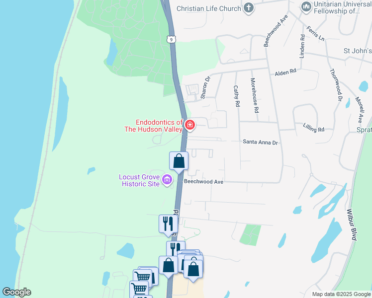 map of restaurants, bars, coffee shops, grocery stores, and more near 2710 South Road in Poughkeepsie