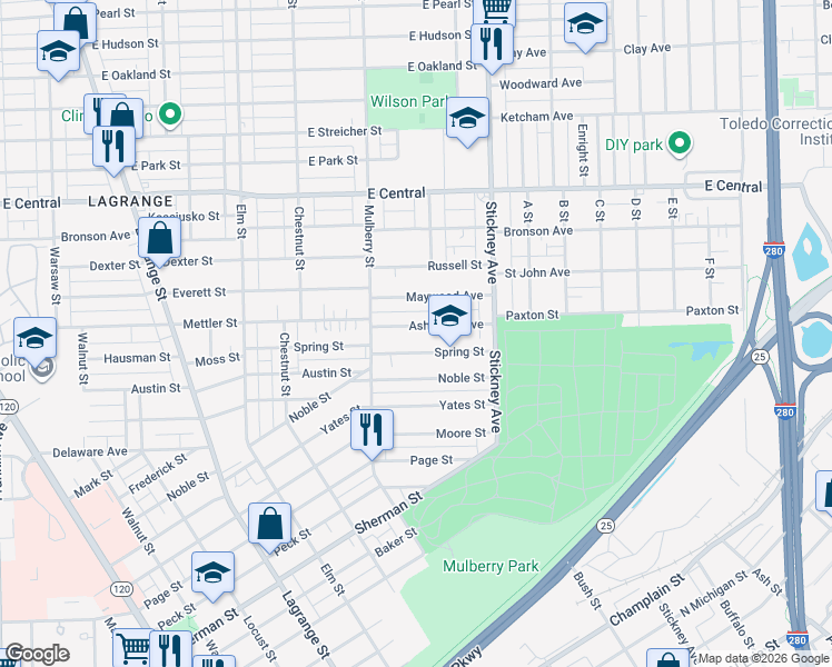 map of restaurants, bars, coffee shops, grocery stores, and more near 657 Spring Street in Toledo