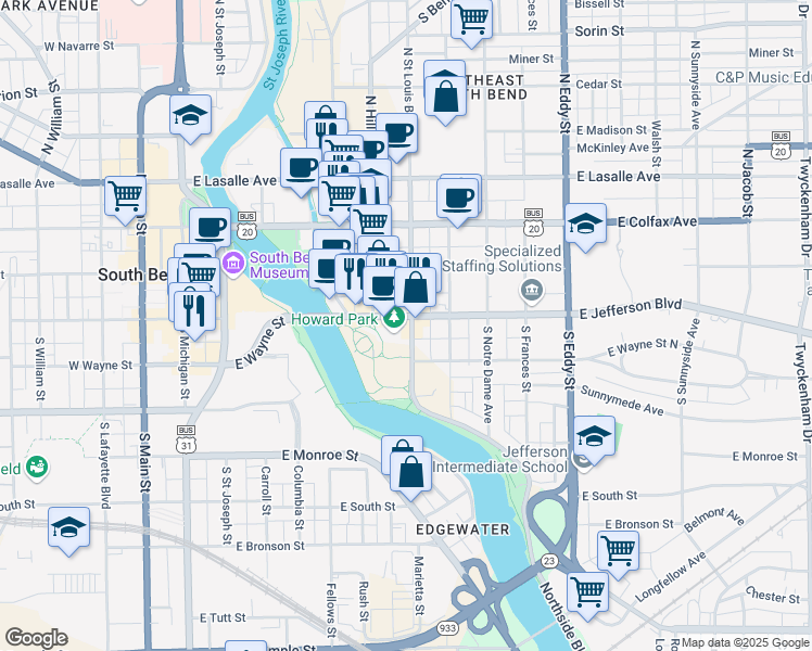 map of restaurants, bars, coffee shops, grocery stores, and more near South Saint Louis Boulevard in South Bend