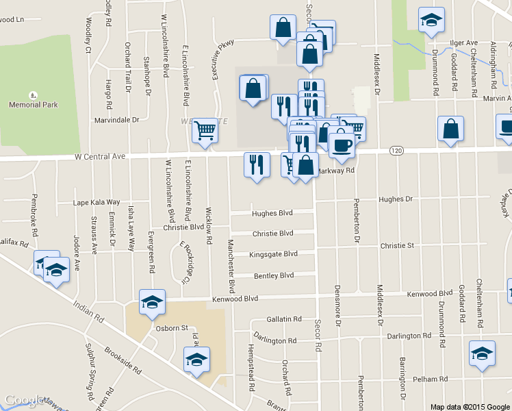 map of restaurants, bars, coffee shops, grocery stores, and more near 3436 Hughes Boulevard in Toledo