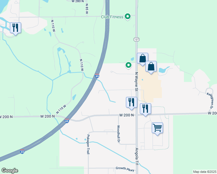 map of restaurants, bars, coffee shops, grocery stores, and more near 380 Eyster Drive in Angola