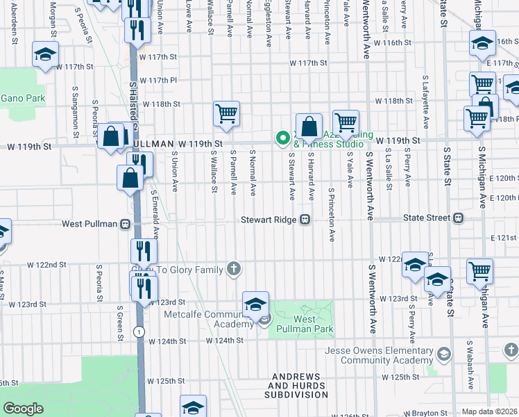 map of restaurants, bars, coffee shops, grocery stores, and more near 12055 South Normal Avenue in Chicago