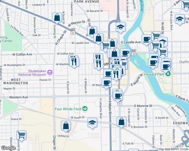 map of restaurants, bars, coffee shops, grocery stores, and more near 320 West Jefferson Boulevard in South Bend