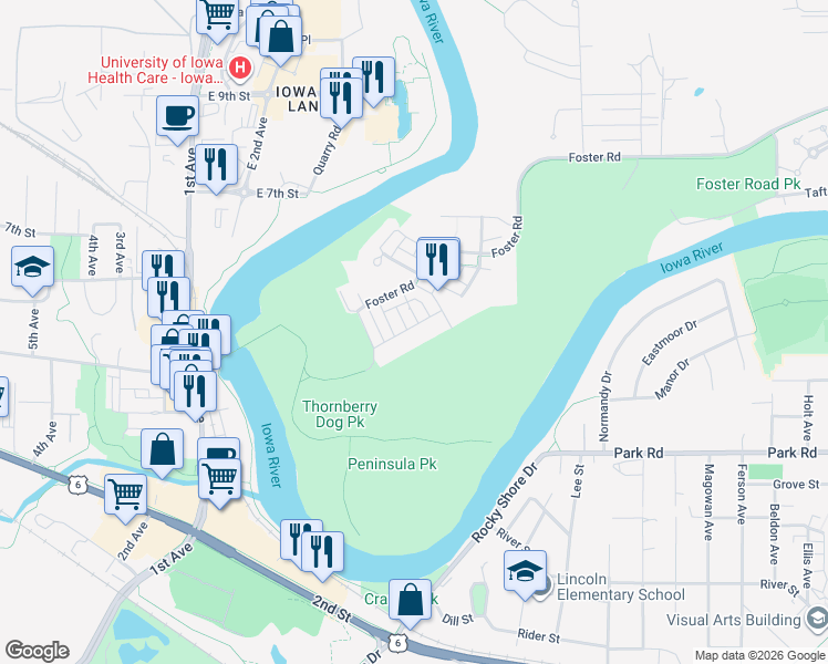 map of restaurants, bars, coffee shops, grocery stores, and more near 1513 McCleary Lane in Iowa City