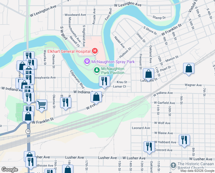 map of restaurants, bars, coffee shops, grocery stores, and more near 1592 West Franklin Street in Elkhart