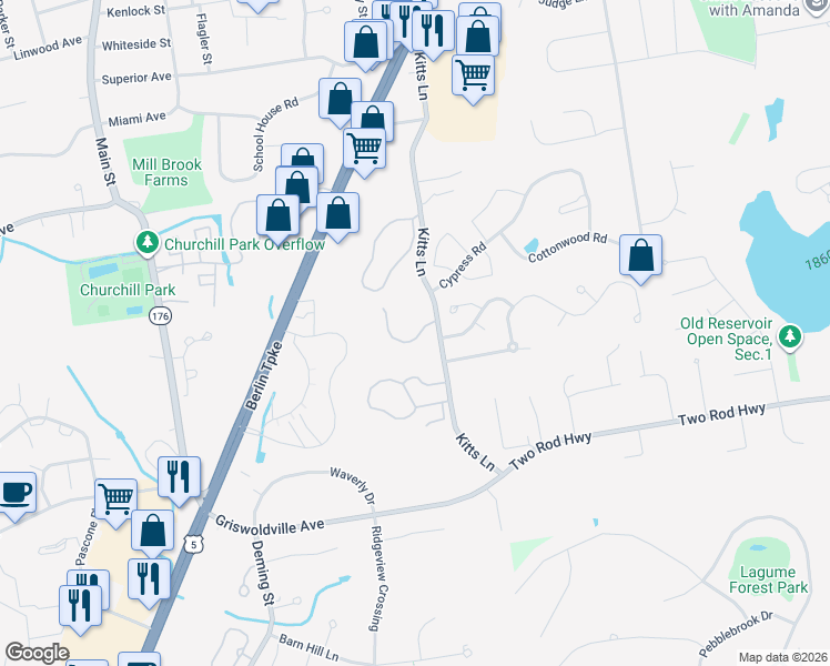 map of restaurants, bars, coffee shops, grocery stores, and more near 31 Woodsedge Drive in Newington