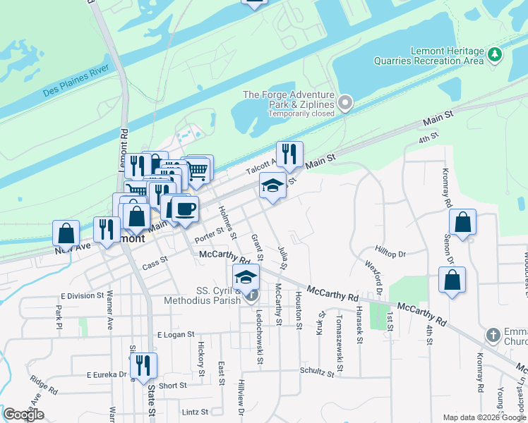 map of restaurants, bars, coffee shops, grocery stores, and more near Porter Street in Lemont