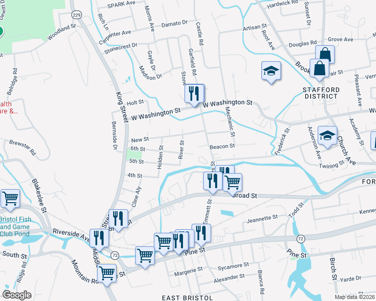 map of restaurants, bars, coffee shops, grocery stores, and more near 144 6th Street in Bristol